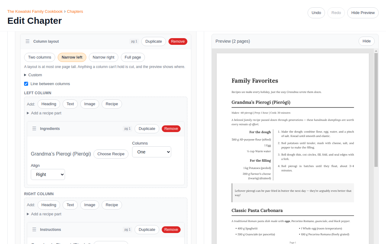 MakeCookbook chapter editor with a recipe laid out in two columns and the printed page previewed beside it