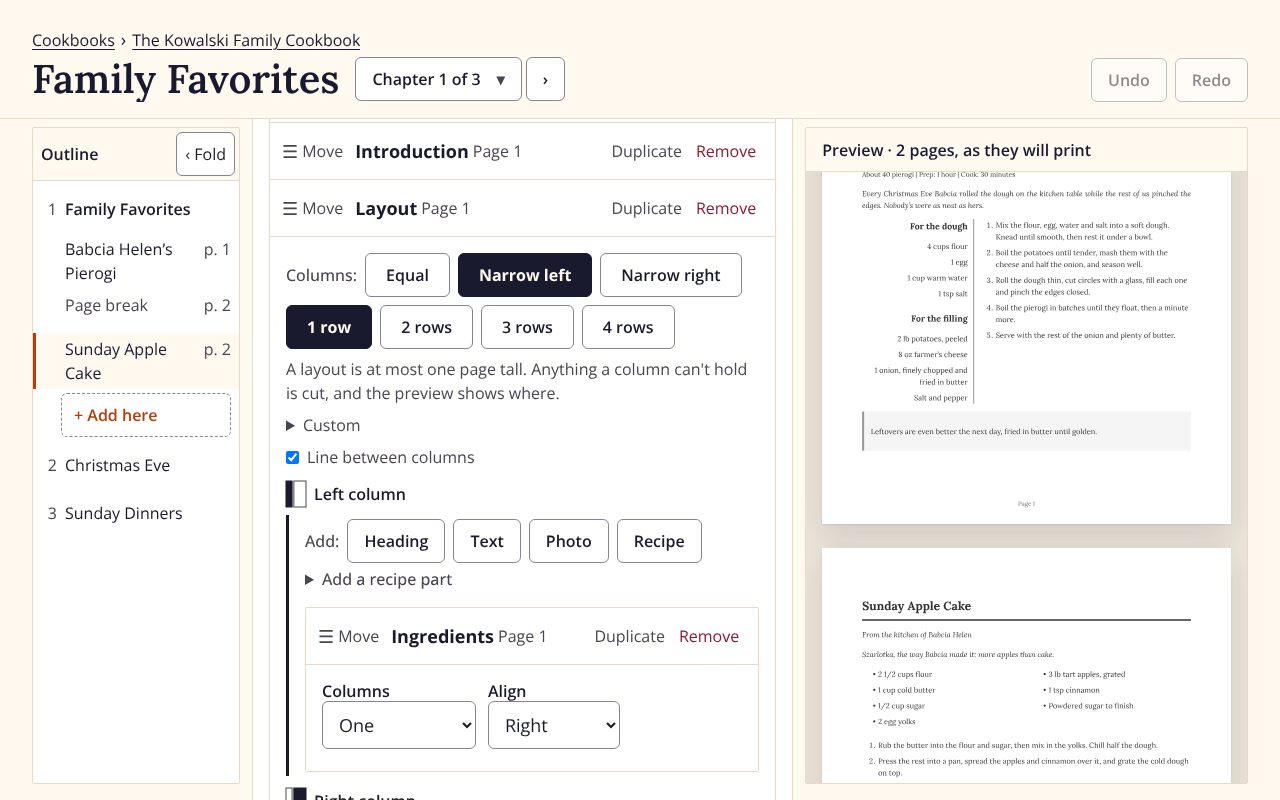 The chapter editor with the printed page previewed beside it
