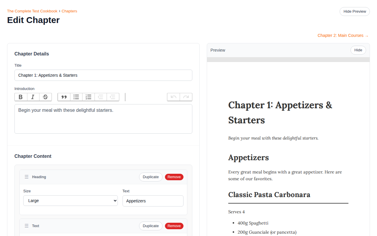 MakeCookbook section editor with live preview showing a cookbook page layout