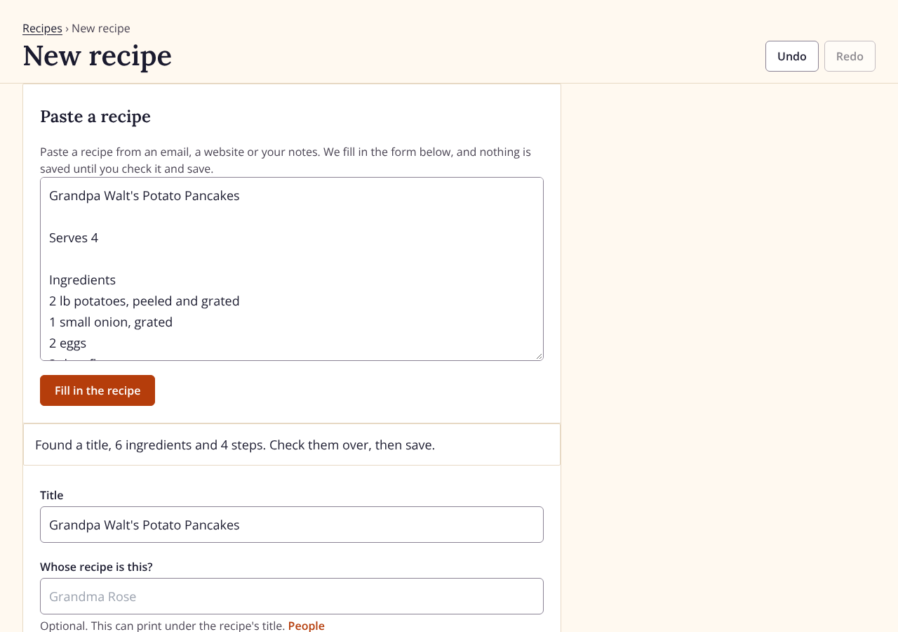 A recipe pasted into MakeCookbook, its ingredients and steps filled in