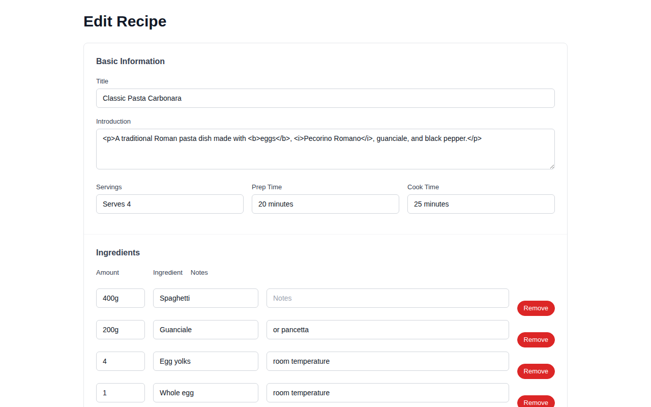 MakeCookbook recipe editor showing ingredients, prep time, and cooking instructions