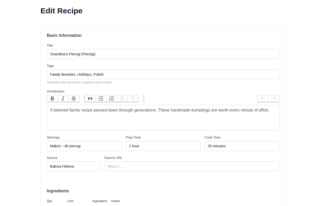 MakeCookbook recipe editor showing ingredients, prep time, and cooking instructions